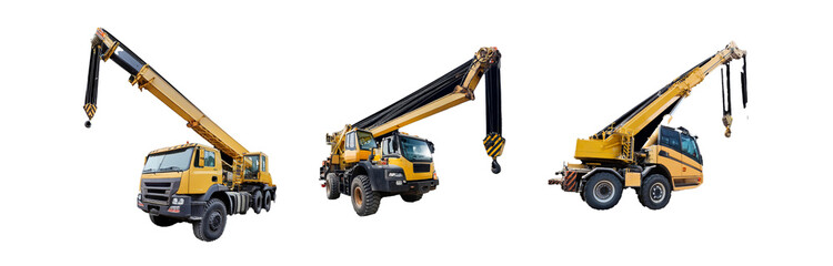 Three yellow cranes are lined up side by side.