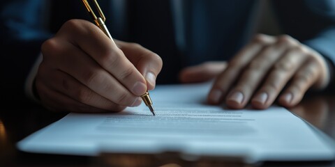 The image shows a person in a suit signing an official document using a golden pen, demonstrating authority and the importance of contractual obligations.