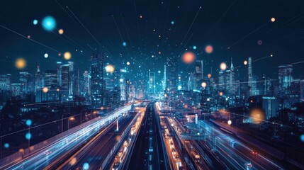 Nighttime View of a Cityscape with Light Trails and a Network of Connections