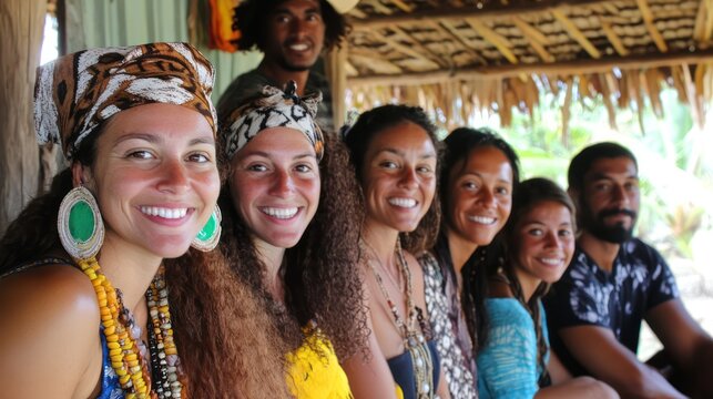 Travelers from the Middle East, Pacific Islands, and Central Africa participating in community-based tourism, staying with local families in eco-friendly accommodations