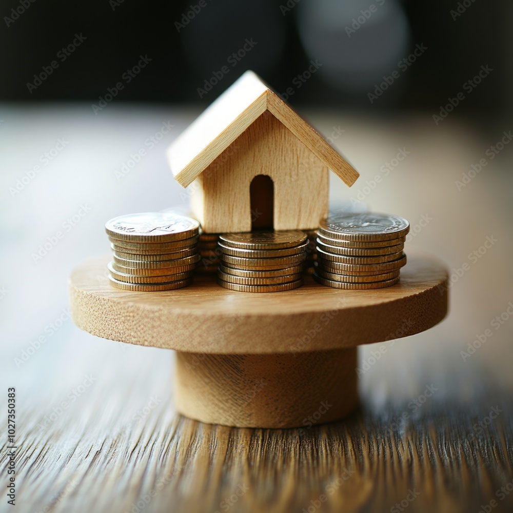 Sticker Small wooden house model on stacks of coins, representing home ownership or real estate investment.