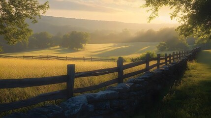 Rustic stone fence in a tranquil countryside setting with rolling hills and lush green fields, captured during golden hour for warm earthy tones and serene ambiance.