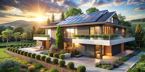 Obraz premium Sustainable urban exploration photography featuring a modern house with solar panels, showcasing eco-friendly design and innovative architecture in an urban environment. Capturing harmony with nature.