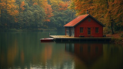 Fototapeta premium A serene red cabin by a tranquil lake surrounded by autumn foliage.