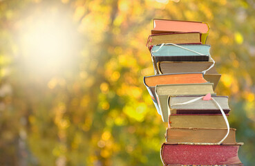 stack of books and autumn colored trees background, inspiration,reading, education, autumn holiday read,book fair and literature  concept.