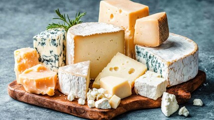 A delightful assortment of artisanal cheeses on a rustic wooden board