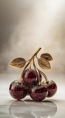 Glass cherry sculpture gold leaves vintage crystal glossy shiny translucent aesthetic minimalism grandmillennial elegant decor luxury still life collectible timeless aesthetic copy space backdrop 