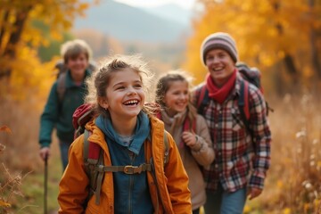 Happy family hiking in autumn forest enjoying outdoor adventure