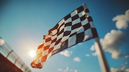 Waving checkered flag against a blue sky with a dramatic sunburst, featuring motion blur and vibrant colors that evoke a dynamic motorsport atmosphere in a photorealistic render.