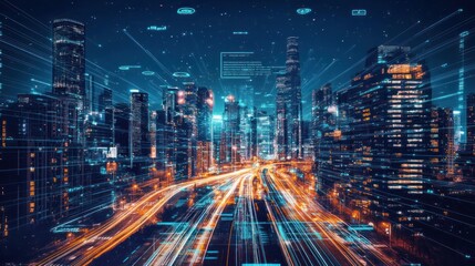 Fototapeta premium Futuristic Cityscape with Digital Lines and Lights