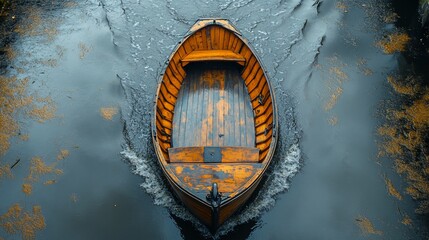 A wooden boat glides through a calm, reflective waterway surrounded by autumn leaves.