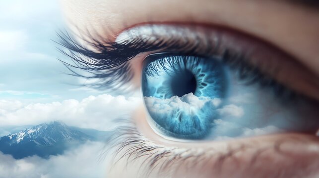 Close-up of an eye reflecting a cloudy sky, illustrating vision and imagination. Perfect for themes of creativity and introspection.