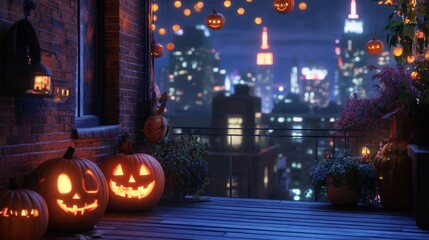 Fototapeta premium A festive corner with glowing pumpkins and Halloween props, with city lights creating a magical atmosphere in the background.