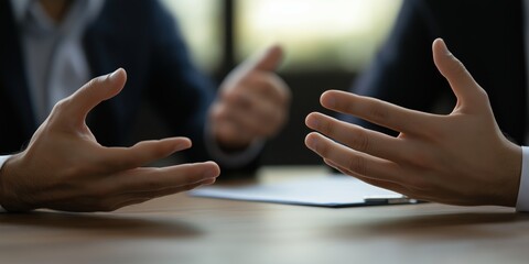 A business negotiation features hands gesturing over a document on a table, emphasizing the arts of persuasion, communication, and the dynamics of professional interaction.