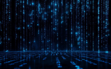 A black background with blue vertical lines of binary code, representing the matrix in The Matrix movie