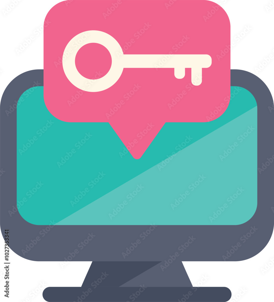 Poster computer monitor with a key symbol appearing from a speech bubble, representing data security and ac