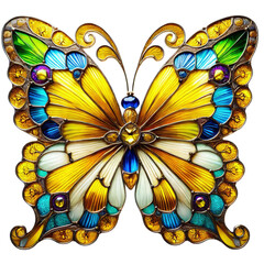 Vibrant stained glass butterfly with intricate patterns and colorful details, showcasing hues of yellow, blue, and green.