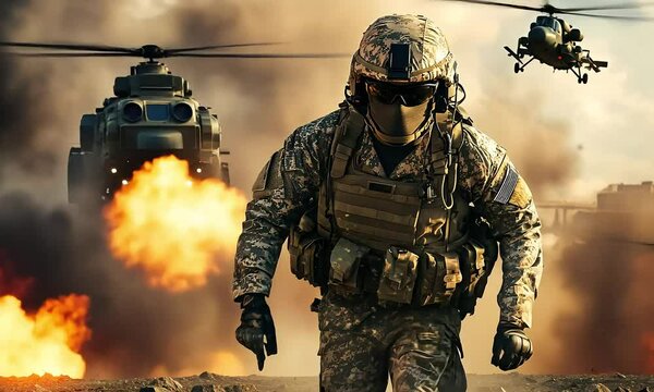 A soldier in tactical gear runs through an explosion, showcasing action and intensity in a combat scenario.