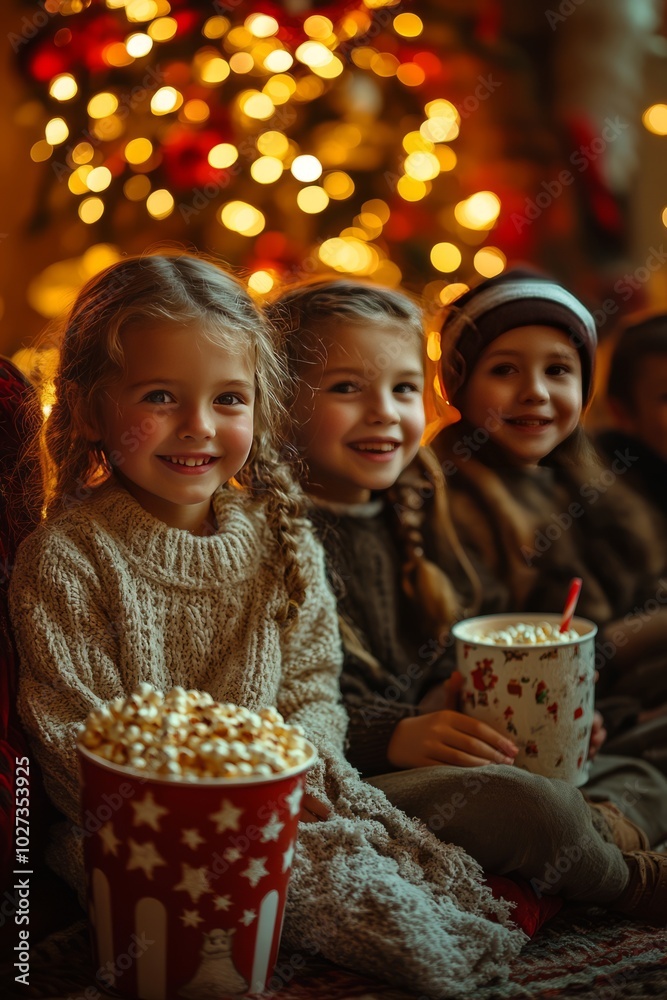 Canvas Prints Three happy children watch a movie in front of a Christmas tree.