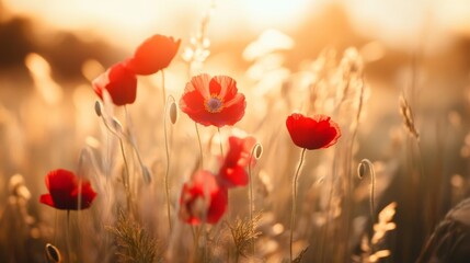Naklejka premium Red Poppies Blooming in a Field of Golden Grass at Sunset