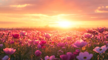 Fototapeta premium Pink Flowers Blooming at Sunset in a Field