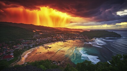 Naklejka premium Vibrant Coastal Sunset with Dramatic Lighting and Stormy Skies