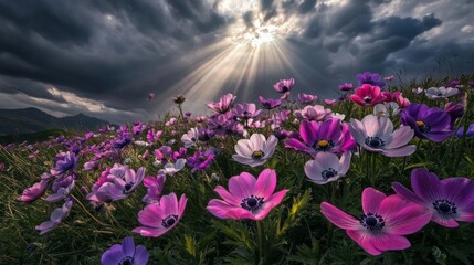 Naklejka premium A Field of Purple and Pink Flowers Under a Dramatic Sky