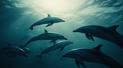 Naklejka premium Dolphins Swimming in the Depths of the Ocean