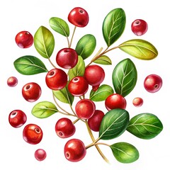 floating cowberry leaves on a white isolated background