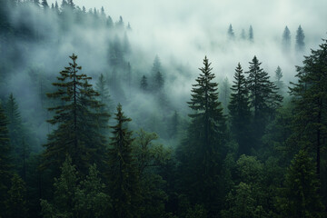 A dense forest shrouded in mist, with tall trees and lush foliage. The fog adds an ethereal quality to the scene, creating a sense of mystery within nature's embrace.