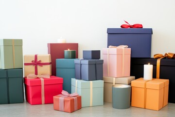 Obraz premium A variety of neatly wrapped gift boxes in different colors and sizes are arranged alongside lit candles, creating a festive atmosphere