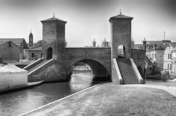 View over the Trepponti Bridge, iconic landmark in Comacchio, Italy