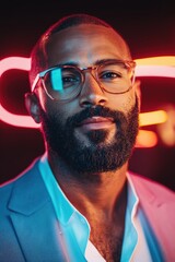 Obraz premium Stylish man poses confidently in smart attire with colorful neon lights in the background