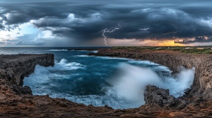 Fototapeta premium Stormy Seascape with Lightning over Rocky Coastline