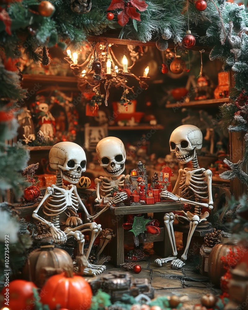 Canvas Prints Three skeletons sitting at a table in a festive setting, surrounded by Christmas decorations.