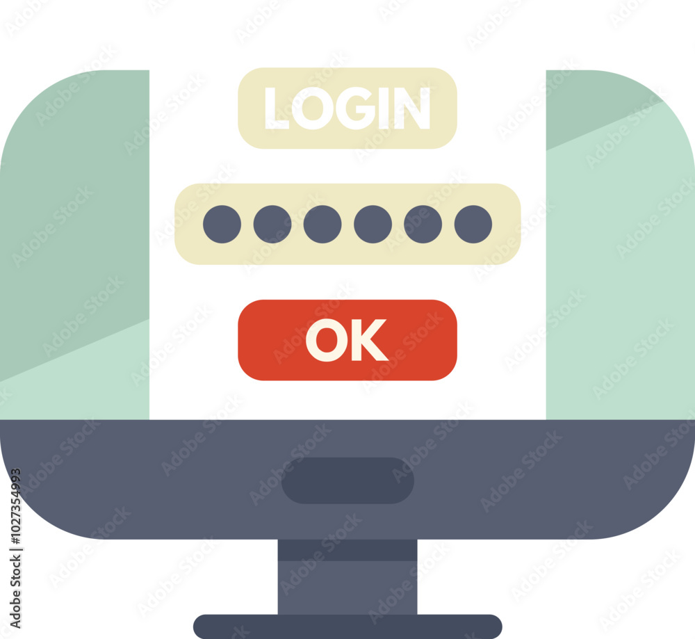 Poster desktop computer displaying a login screen with password, requesting user authentication