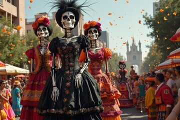 Fototapeta premium Day of the Dead parade with giant Catrina skeletons, traditional dresses, and festive celebration in Mexico