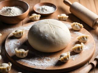 Fototapeta premium Dough for dumplings on a wooden cutting board, ready-made dumplings, a bowl of flour and a rolling pin for rolling out dough on a wooden table.