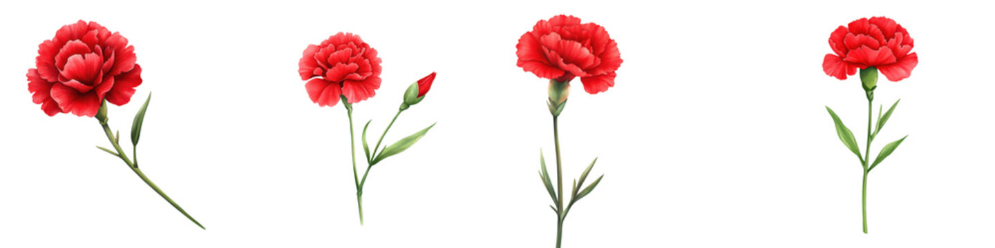 a collection of Four vibrant red carnations in various stages