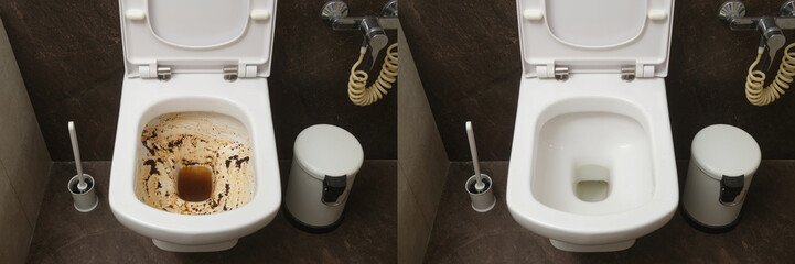 Toilet bowl dirty and clean comparison, before and after cleaning. Bathroom cleaning concept for...