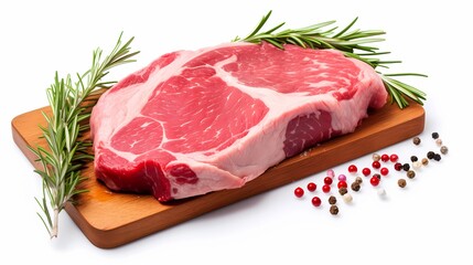 Fototapeta premium Raw steak with rosemary and peppercorns on a clean background.