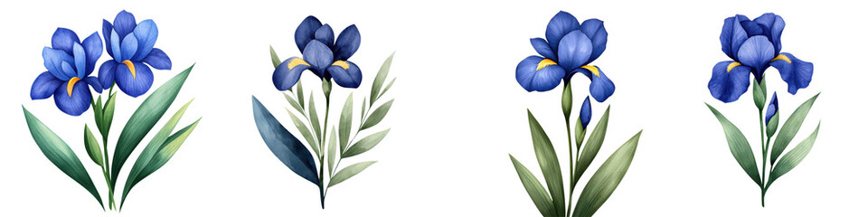 Fototapeta premium A collection of Iris, deep blue, watercolor strokes with delicate petals and green leaves