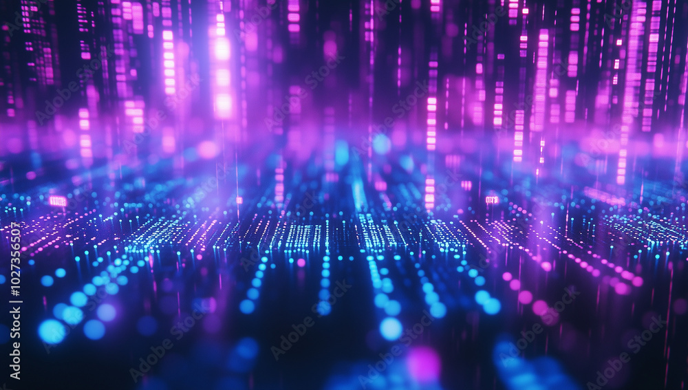 Fototapete a close-up of digital data flowing on the screen, with blue and purple lights creating an abstract b