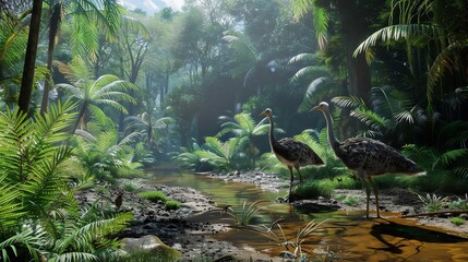 Naklejka premium Two large flightless birds stand by a stream in a lush tropical jungle.