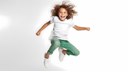 Happy child jumps against a vibrant background.