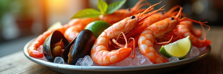 Fresh seafood platter featuring shrimp and mussels, garnished with lime and herbs, perfect for culinary, restaurant, and food presentation use.