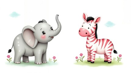 Fototapeta premium Cute Cartoon Elephant and Zebra Friends Illustration