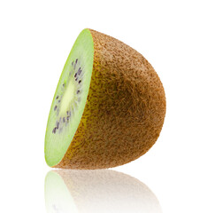 Half of kiwi isolated on white. Volumetric light from behind