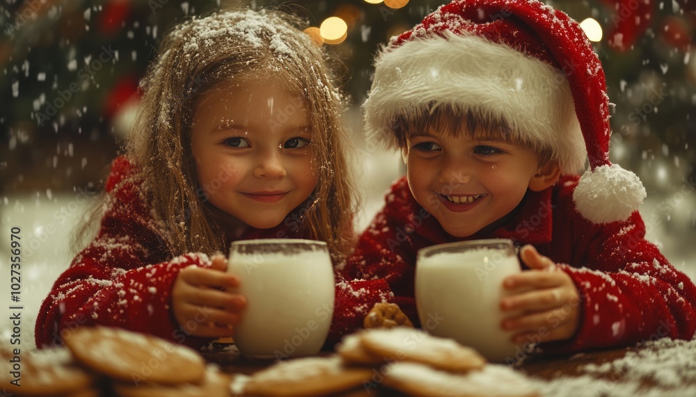 Wall mural Two children in Santa hats enjoy cookies and milk under falling snow.