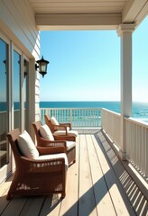 A serene oceanview balcony with stylish wicker chairs and a bright atmosphere, perfect for relaxation and leisure.